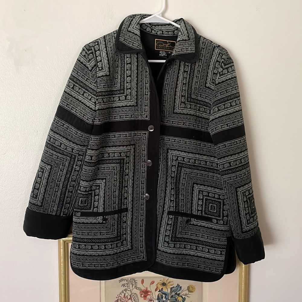 Diane Gilman silk black and blue gray quilted patterned jacket with collar